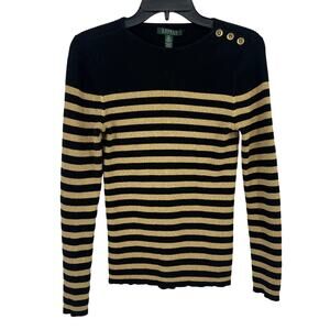 Ralph Lauren Black Gold Stripe Knit Sweater Womens Size Medium Ribbed
